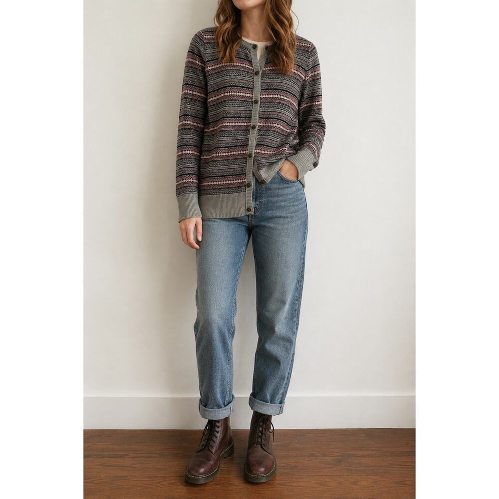 L.L.Bean Fair Isle Cardigan Sweater Large Cotton Nordic Grandpa Cozy Cottagecore